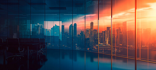 Modern office interior with sunset view over city skyline for business background.