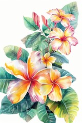 Exotic Plumeria with a tropical touch, Watercolor Floral Border, watercolor illustration, isolated on white background