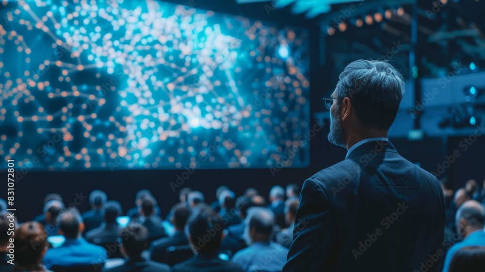 Poster a man standing in front of a projection screen, presenting or viewing information in a room.