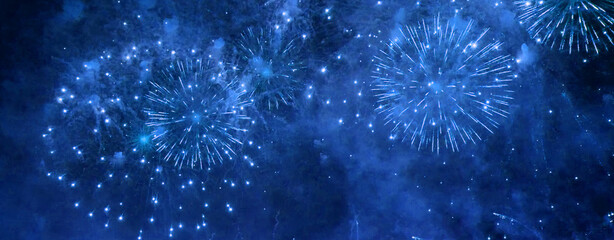 Banner blue Firework celebrate anniversary happy new year 2024, 4th of july holiday festival. Banner blue firework night celebrate national holiday. Countdown new year 2025 festival with copy space