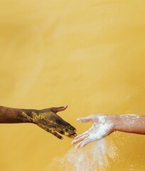 Colorful Hands Reaching Out Against Yellow Background