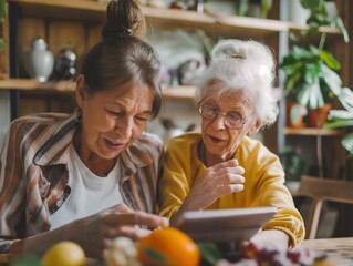 girl showing someting on tablet to elderly grandmother, Showing Grandmother How To Use Digital Tablet