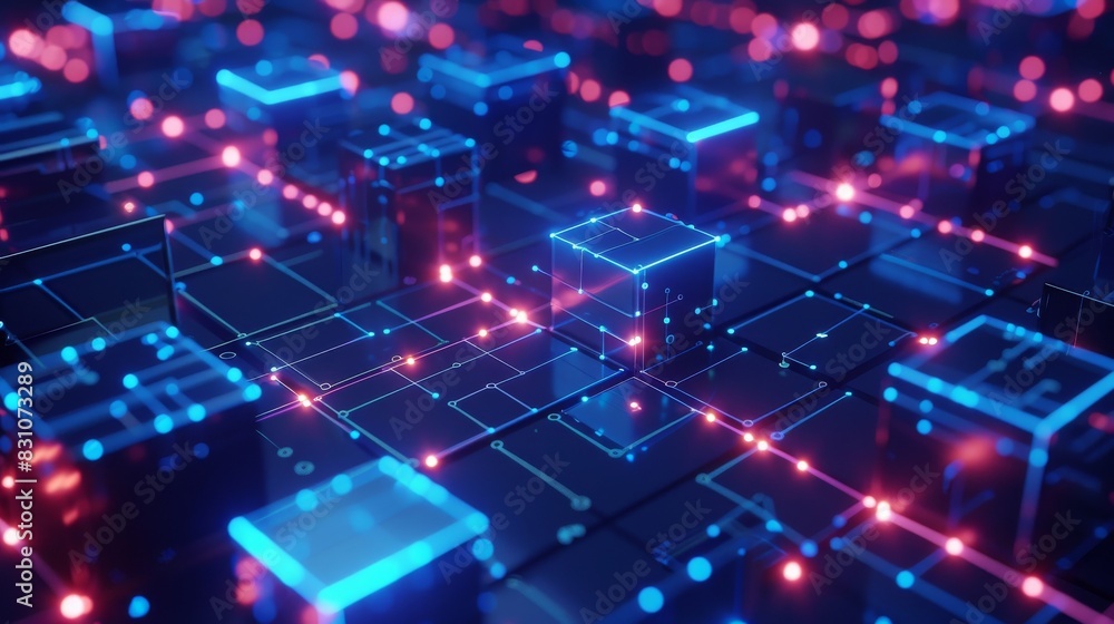 Poster a computer generated image of a cityscape with blue and red lights