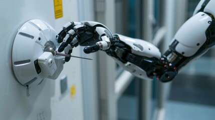 Close-up view of a robot's fingers turning a screwdriver to secure a door knob, highlighting the blend of mechanical and electronic components