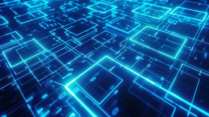 A blue background with many blue lines and squares. The lines and squares are connected to each other and appear to be part of a circuit board
