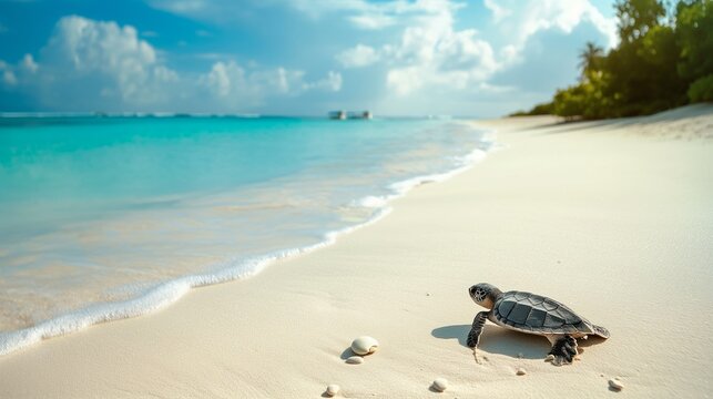 Little sea turtle on the sandy beach, tropical beach landscape