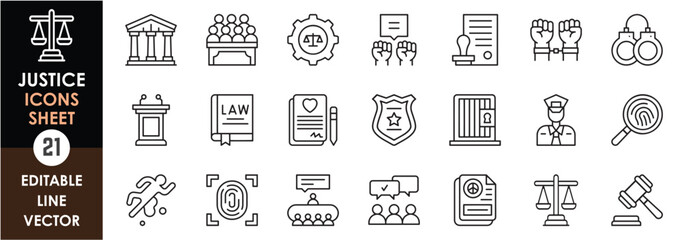 A set of line icons related to law and justice. Police, investigation, crime, politics, judge, forensic, peace, and so on. Vector outline icons set.