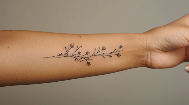 Minimalist Floral Arm Tattoo on Light Brown Skin with Beige Background Detailed Fine Line Design