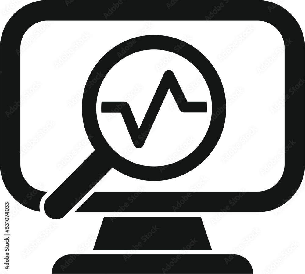 Poster icon representing data analysis with magnifying glass focusing on a graph on a computer screen