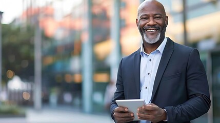 Smiling elegant mid aged business man wearing suit standing outside office holding digital tablet Mature businessman professional using fintech device working on modern technology gadg : Generative AI