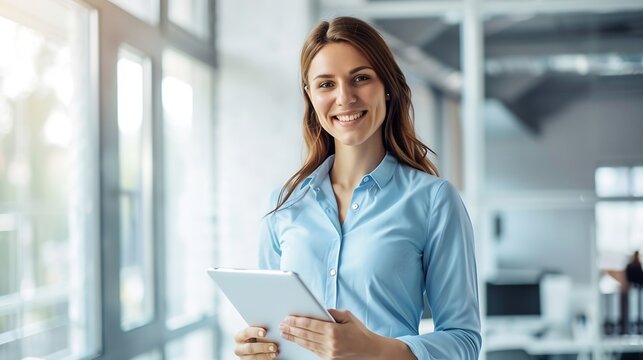 Young fun smiling european successful employee business woman in blue shirt work use hold tablet pc computer stand at workplace white desk at light modern office indoors Achievement ca : Generative AI
