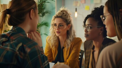 Obraz premium Diverse group teamwork and young business women brainstorming collaboration or cooperation Ambitious confident professional team of colleagues talking and planning a marketing strategy : Generative AI