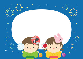 夏祭りの花火と子どものフレーム背景素材、夏祭りのベクターイラスト01