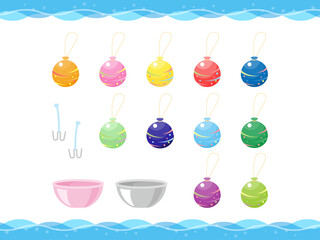 ヨーヨー釣りのイラスト素材セット、夏のベクターイラスト