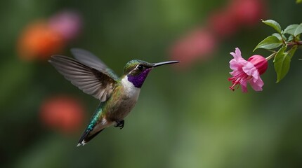 Naklejka premium Hummingbird in flight near a flower with wings spread, AI-generated.