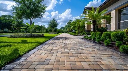 A photo of a perfectly tiled driveway in front of the house, in the paver style, with beautiful landscaping and greenery surrounding it.