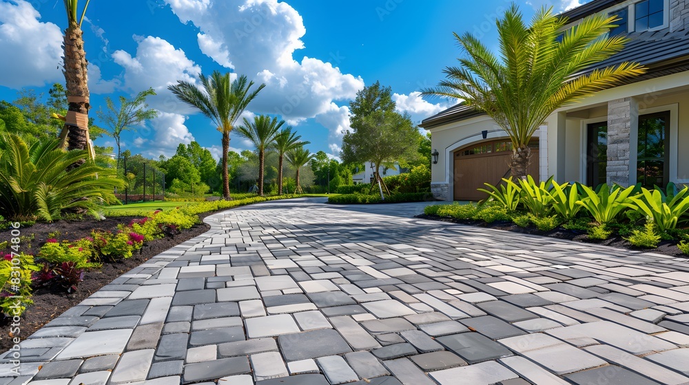 Wall mural A photo of a perfectly tiled driveway in front of the house, in the paver style, with beautiful landscaping and greenery surrounding it.