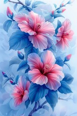 Pink and Blue Flowers on Blue Background