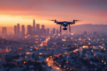 Drone over the city, wireless aerial aircraft, modern technology speed