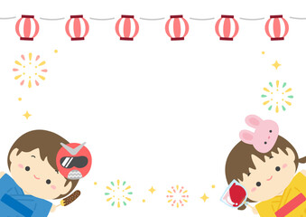 夏祭りの花火と子どもと提灯のフレーム背景素材、夏祭りのベクターイラスト06