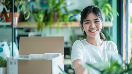 Eco friendly box in net zero store asian seller retail office shop ESG go green Small SME owner young adult woman asia people happy vendor smile looking at camera Supply chain digital  : Generative AI