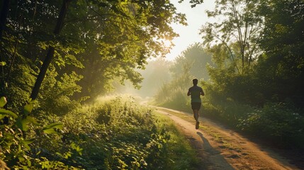 Fototapeta premium A fit person running on a scenic trail in the morning, with sunlight filtering through the trees and a peaceful natural background, emphasizing health and fitness in nature