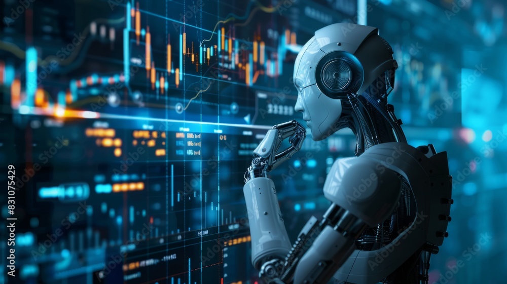 Poster a robot equipped with headphones is carefully examining data displayed on a screen in a high-tech en