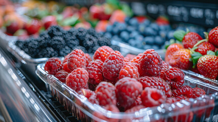 Fresh Red Raspberries in Plastic Containers in Grocery Store Display with Shallow Depth of Field