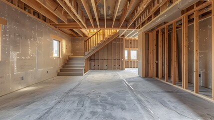 A photo of an unfinished basement with wooden frame walls and staircase, showing the rough construction process and potential for future development in home hunting.