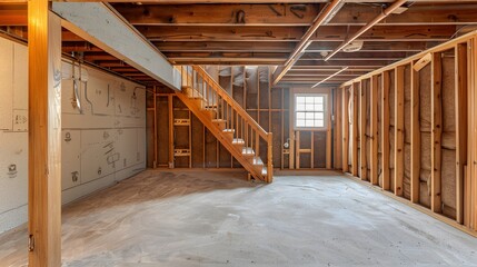 A photo of an unfinished basement with wooden frame walls and staircase, showing the rough construction process and potential for future development in home hunting.