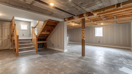 A photo of an unfinished basement with wooden frame walls and staircase, showing the rough construction process and potential for future development in home hunting.
