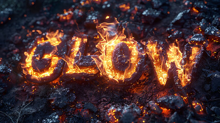Fiery GLOW letters burning in vibrant orange flames on dark charred ground with glowing embers
