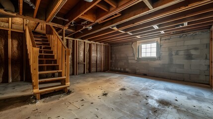 A photo of an unfinished basement with wooden frame walls and staircase, showing the rough construction process and potential for future development in home hunting.