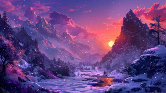 enchanting anime sunrise over yule scenery with vibrant rocky desert landscape magical winter solstice celebration digital painting
