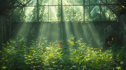 Obraz premium Sunlight Streaming Through Old Greenhouse onto Lush Green Plants with Red Flowers