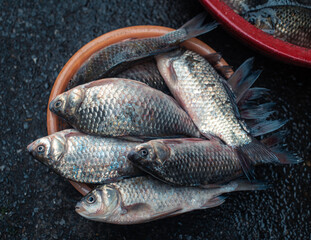 many different kinds of fish in a bowl on a table