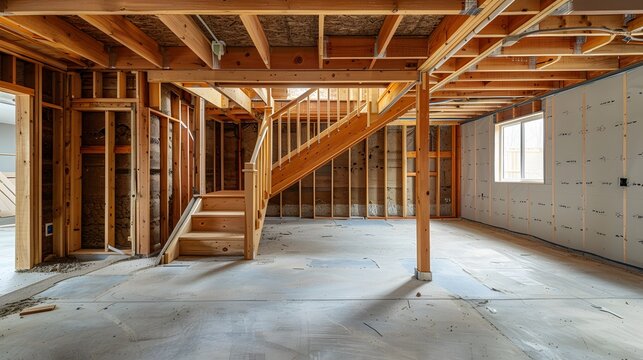 A photo of an unfinished basement with wooden frame walls and staircase, showing the rough construction process and potential for future development in home hunting.