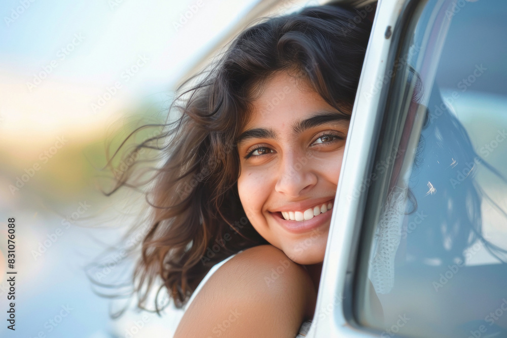 Poster young indian woman looking out of the car window