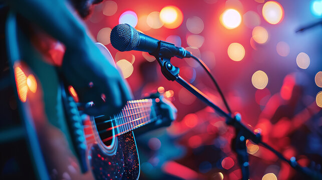 Acoustic Guitar Performance in Vibrant Stage Lights with Bokeh Background in Red and Blue