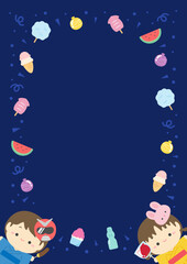 夏祭りの屋台の食べ物と浴衣を着た子供のかわいいフレーム背景素材、夏のベクターイラスト02