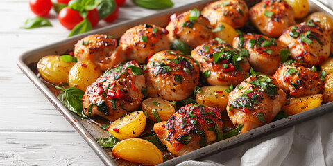 Baked chicken and potatoes garnished with herbs and spices on a tray, ideal for a hearty homemade meal concept.