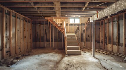 A photo of an unfinished basement with wooden frame walls and staircase, showing the rough construction process and potential for future development in home hunting.
