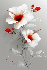 Obraz premium Two White Flowers With Red Centers on a Gray Background