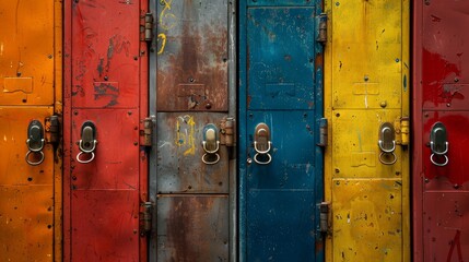 A series of brightly colored old-school locker doors, highlighting intricate lock details and weathered surfaces