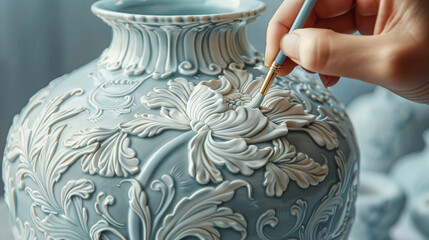 Hand Painting Intricate Floral Designs on Elegant Light Blue Ceramic Vase in Soft Light