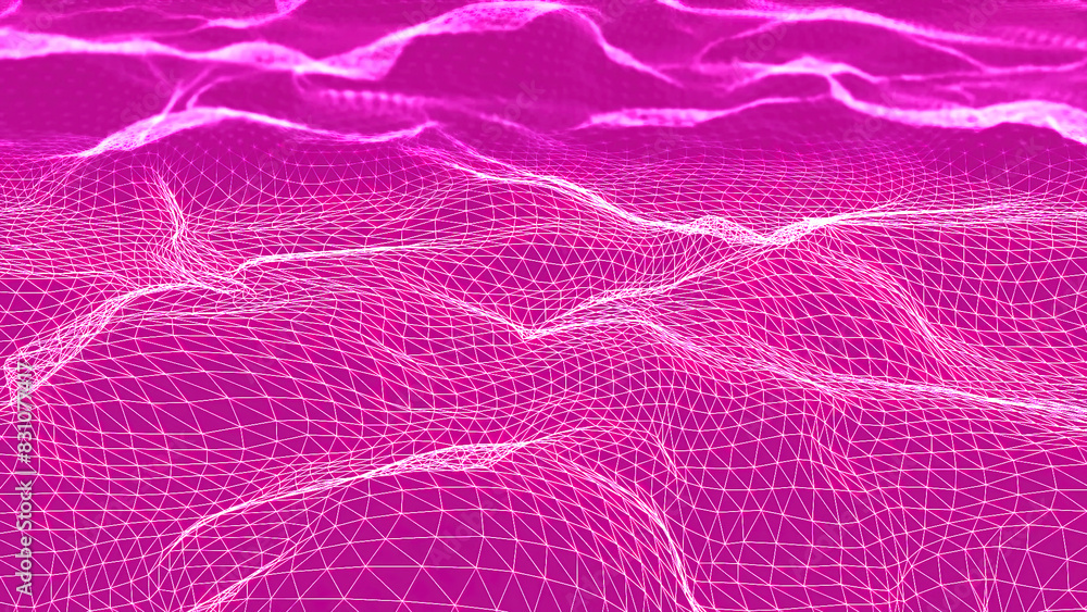 Poster futuristic 3d plexus bright waving terrain. animation. abstract technology background with network c