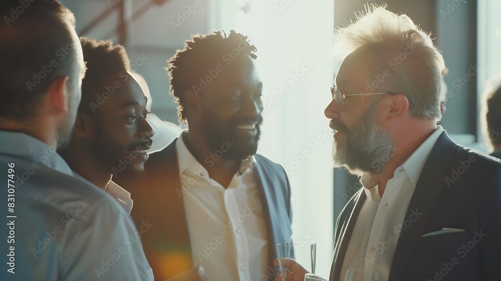 Poster creative men talking at networking event sharing startup ideas and discussing new innovation at busi