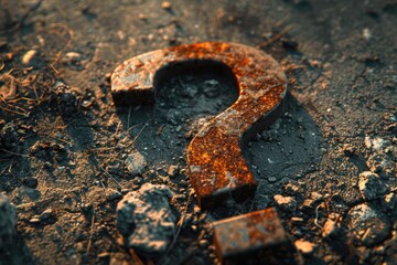 Closeup of a rusted metal question mark on the ground