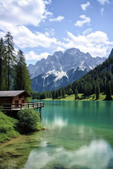 A serene lake surrounded by greenery and mountains, with a wooden cabin and clear skies enhancing the natural beauty