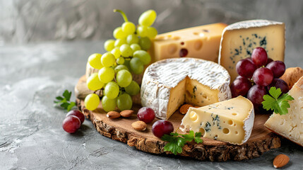 Assorted Cheeses with Green and Red Grapes Almonds on Wooden Board Stone Background